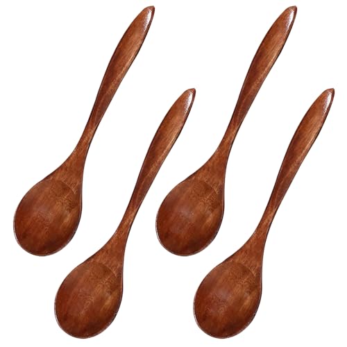 Lot de 4 cuillères en bois - Cuillères de cuisine en bois naturel - Pour boire du café, du thé et de la soupe