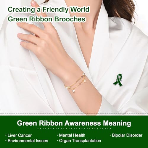 Image of WANDIC 100 Pcs Green Ribbon Pin, Mental Health Liver Cancer Bile Duct Cancer Environment Issue Awareness Ribbon Brooches Hope Faith Lapel Pin for Men Women Charity Event