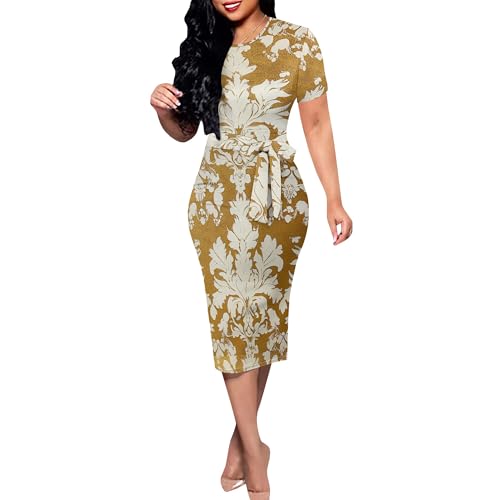 Women's Formal Floral Print Sexy Bodycon Work Dresses Summer Short Sleeve Elegant Cocktail Party Midi Dress with Belt