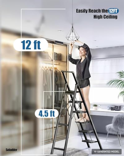 Image of SOLADDER 6 Step Ladder for 12 Feet High Ceiling, Folding Step Stool with Handgrip & Anti-Slip Wide Pedal, Portable Lightweight Aluminum Stepladder for Kitchen, Home (300 lbs Capacity) - Black