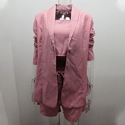 Women Three Piece Blazer Suit Long Sleeve Open Front Blazer Coat Crop Top High Waist Belted Shorts Ladies Suit Sets4
