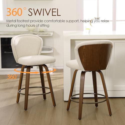 Image of HNY Swivel Counter Height Bar Stools Set of 4, 26 Inch Barstools with Walnut Wooden Leg and Back, Modern Linen Upholstered Counter Stools for Kitchen Island, Beige