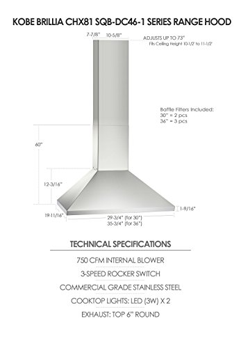 Kobe Chx8130Sqb-Dc46-1 Brillia 30-Inch Wall Mount Range Hood, 3-Speed, 750 Cfm, Fits Ceiling Height 10.5'-11.5' #TOP3