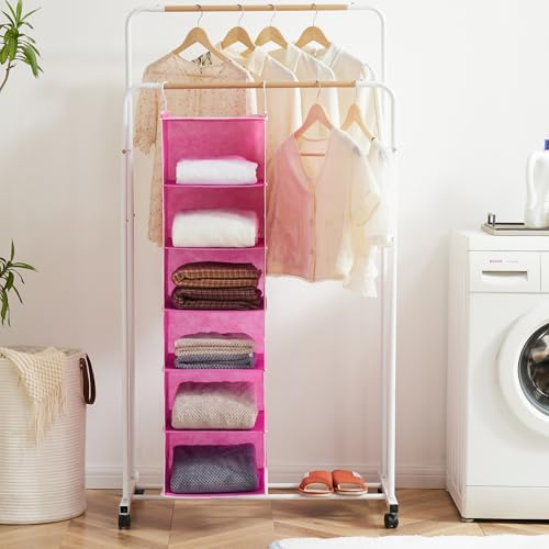 Image of MAX Houser 6-Shelf Hanging Closet Organizer, Hanging Storage Shelves with 2 Sturdy Hooks Space-Saving for Bedroom, Foldable (Pink)