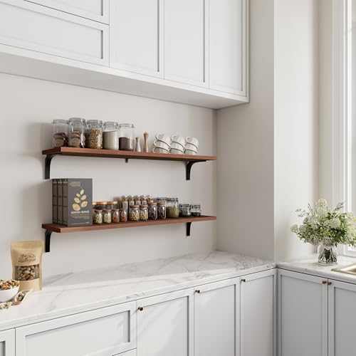Image of 12 Inch Deep Floating Shelves Set of 2, 36 Inch Extra Wide Rustic Brown Solid Pine Wood Wall Shelves, 3ft Heavy Duty Wall Mounted Bookshelf with 100 lbs Capacity for Kitchen & Living Room