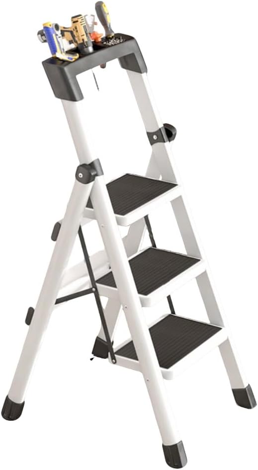 3-Step Folding Ladder - 4 in 1 Multi-Purpose Metal Step Ladder for Indoor & Outdoor Use - Herringbone Design, Portable Telescoping Climbing Ladder with Safety Lock