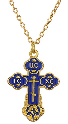 Dawapara Collana con ciondolo religioso cristiano ortodosso a forma di croce di Gesù Cristo, gioiello per donne e uomini (blu)