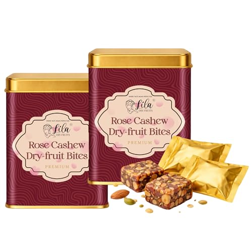 LILA DRY FRUITS Dry Fruit Bites 200 g x 2 (400 g) Rose Cashew Dry Fruits Barfi | Cashew Almond Dates Gulkand Mithai | Healthy Sweet Snack with Desi Ghee | Premium Festive Gift DryFruit Bytes Perfect for Gifting