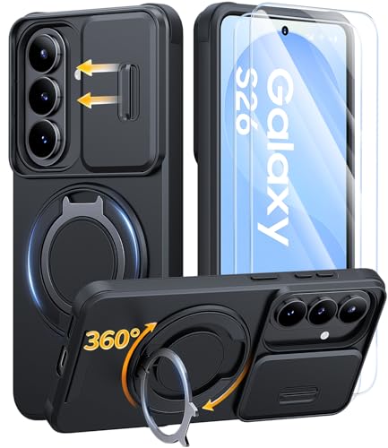 AOUIA for Samsung S26 Case and 2 Pack Screen Protector Military Protection Shockproof Samsung Galaxy S26 Case with Slide Camera Cover & 360 Rotating Kickstand Black