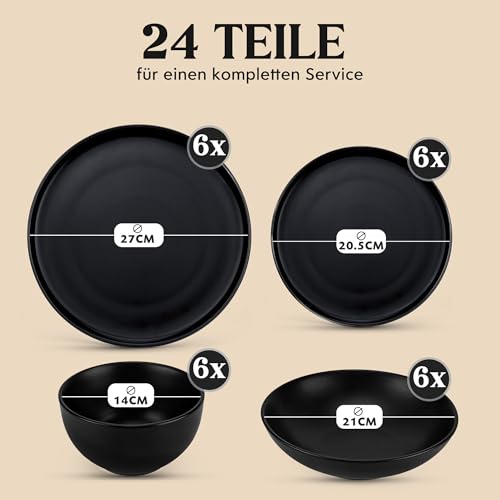 Twinzee Steinzeug Geschirrset Schwarz - Set von 24 Geschirr und Tischkunst - Teller Set - Mikrowellen- und Spülmaschinenfest - Langlebig und Elegant
