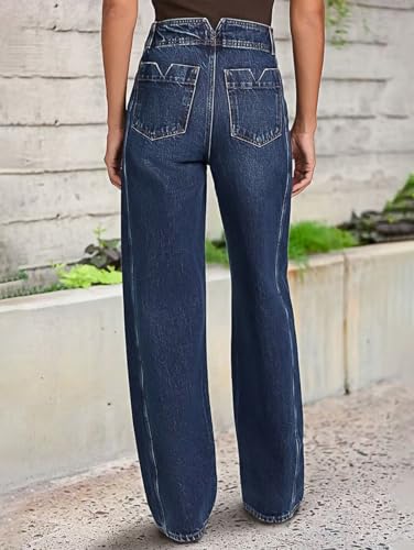 Flamingals Straight Leg High Rise Baggy Button Wash Seam Front Split Detail Denim Jeans with Pockets4