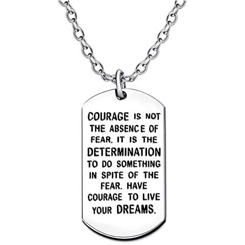 lauhonmin Inspirational Dog Tag Necklace for Men Women - Courage is Not The Absence of Fear It is the Determination To Do Inspire Words Cover