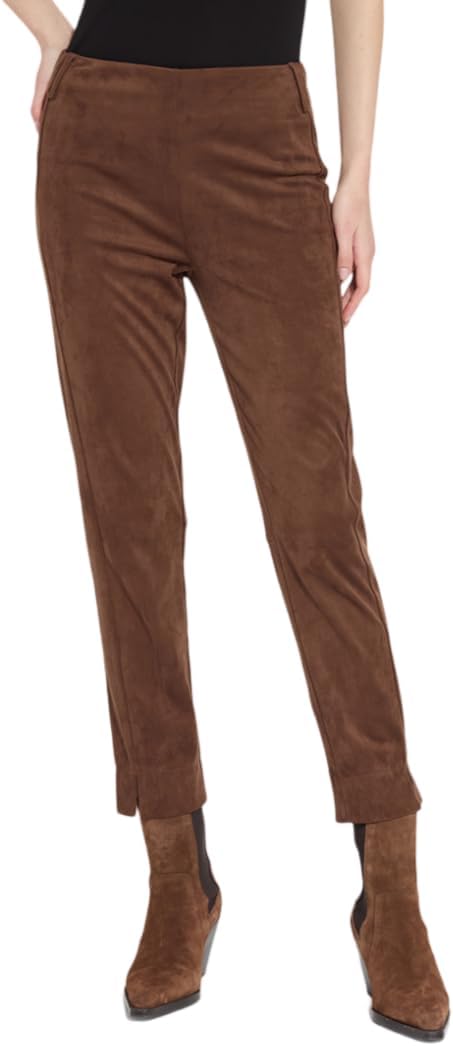 Lyssé Brie Faux Suede Pants for Women Vegan Suede Ankle Pants, High Waisted Stretch Velvet-Feel Dress Trousers with Slit Hem