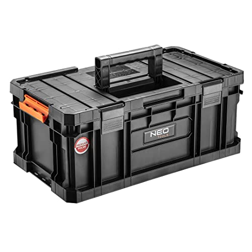 NEO TOOLS Modular Box 200, 530x310x225mm, 2 Organizer im Deckel, 2 verstellbare Trennwände, stabile Verschlüsse, modulare, Verstärkungsrippen, Schneidmulde mit Maßband, Tragfähigkeit 19kg
