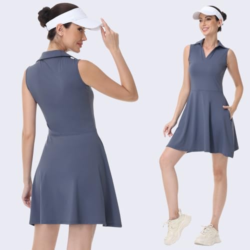 Bezioner Tenniskleid Damen mit Shorts A-Linie Sportkleid Frauen Ärmellos Golfkleid Damen mit 4 Taschen Tennis Outfit Marineblau M