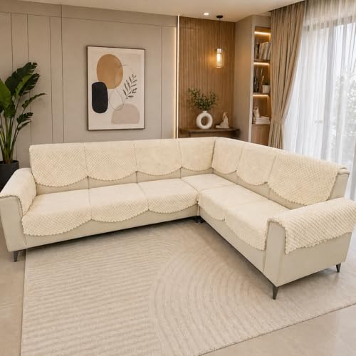 Image of BLUSH & BLOOM 7 Seater L-Shape Sofa Cover, Quilted Texture, Sectional Couch Protector for Living Room-Pack of 14 (Cream)