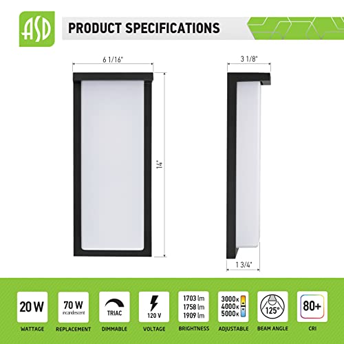 Asd Led Wall Mount Light Fixture | Frosted Front Lighting Sconce | 14 Inch 20W 120V 1800Lm 3000K 4000K 5000K Adjustable | Outdoor Rectangular Lamp, Dimmable, Waterproof, Etl | Black, 4 Pack #TOP5