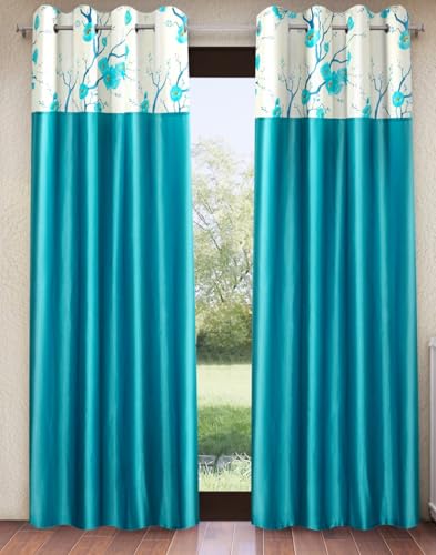 Image of Fashion String 2 Pieces 3D Tulip Patch Grommet Polyester Long Door Curtains - 9 Feet, Aqua
