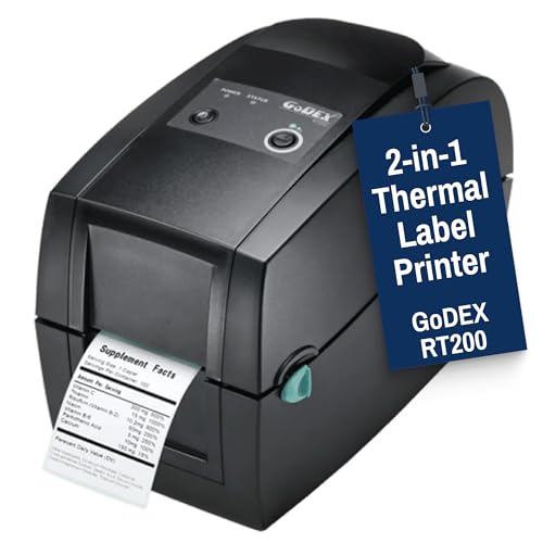Image of McAuley Labels GoDEX RT200 2 inch Thermal Transfer Label Printer - 203 DPI Compact Barcode Printer for Product & Asset Labels - USB, Ethernet