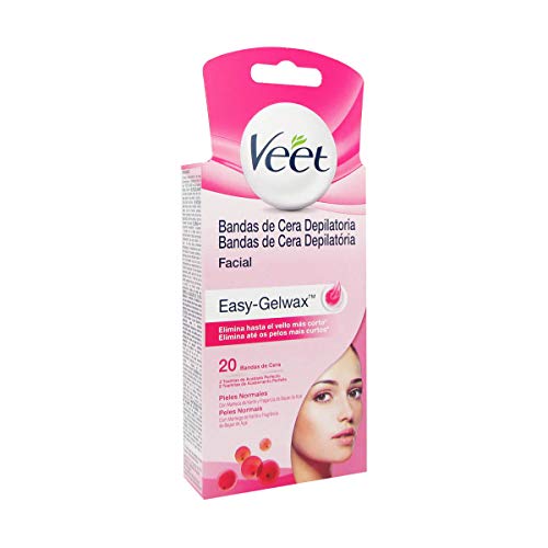 Veet Bandas de Cera Fria Depilatoria para Depilación Facial Adecuado para Labio Superior (Bigote), Easy Gelwax, Pieles Normales, 20 Tiras