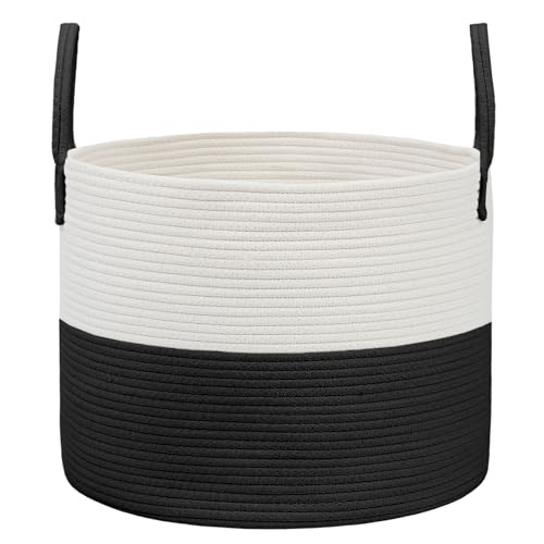 JMvicyroam 65L Extra Large Blanket Basket for Living Room - Woven Cotton Rope Laundry Hamper with Reinforced Handles - Storage Bin for Pillows, Comforters & Toys - Machine Washable,White&Black by JMvicyroam - Used condition - US$21.35