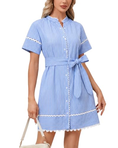Image of Women's Summer Shirt Dress Short Sleeve Button Down Mini Tie Waist Belted Tunic with Pockets RIC Rac Trim