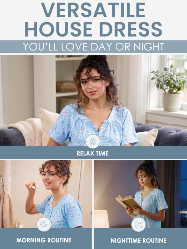 Image of Casual Nights Women's Snap - Front House Dress Short Sleeve Woven Housecoat Duster Lounger Robe with Pockets