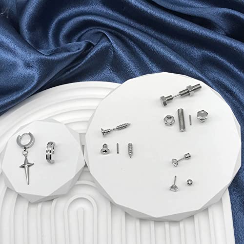 Foreveryouth 38 Pieces Stainless Steel Dangling Earrings For Men Women Cross Black Earrings Cz Studs,Mens Feather Triangle Dangle Kpop Hoop Earrings Set #TOP3