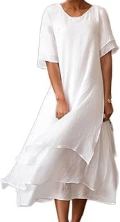 Women's Summer Tiered Layered Linen Maxi Dress Flowy Casual Baggy Cotton Short Sleeve Wedding Long Dress