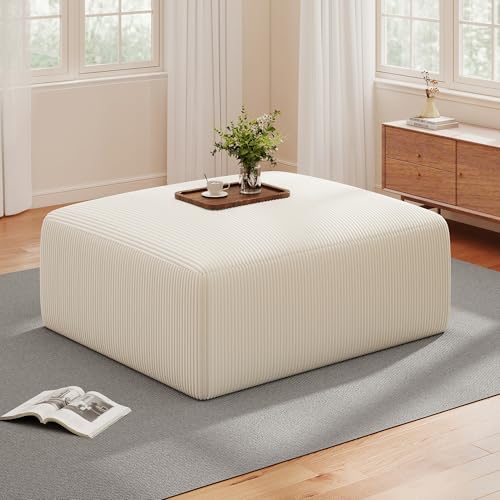 40" Oversized Square Corduroy Ottoman Pouf - Poofy Soft Foot Rest with Foam Chunk Filling, Movable Large Ottoman Pouf Footstool for Living Room Sofa Couch Bedroom, Beige (1 Piece)