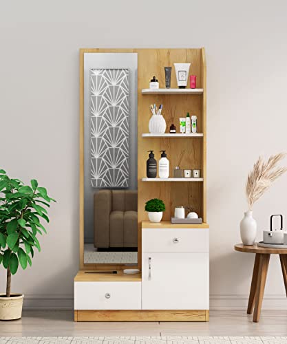 Image of Bniture Wooden Dressing Table for Bedroom with 2 Drawer, Mirror and Huge Storage Space | Long Dresser Vanity Table with Mirror (40D x 85W x 180H CM) (Giant Wood & Frosty White)