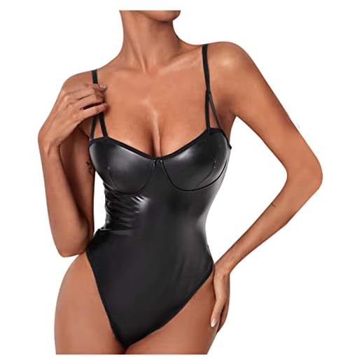MakeMeChic Women's Sexy Faux Leather Lingerie Deep V Neck Backless PU Bodysuit Black S