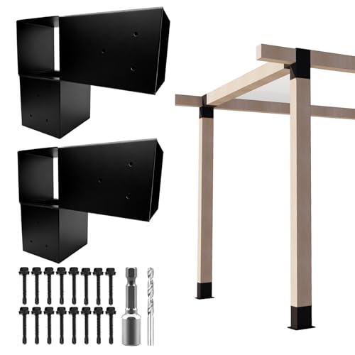 Image of 2Pack L-Shaped Pergola Brackets,3-Way Corner Gazebo Bracket for 6x6(Actual Size:5.5 inchx5.5 inch) Indoor & Outdoor Wood Beam,DIY Horizontal Brackets for Pavilion,Porch,Deck,Hunt Cabin