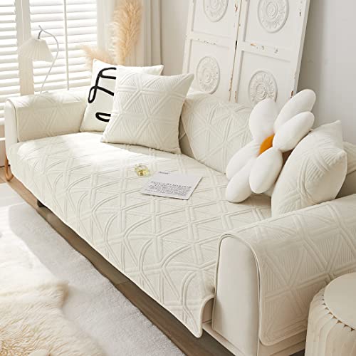 Xslive Super Soft Velvet Sofa Cover Geometric Embroidery Thick Warm Sectional Couch Covers Comfy Plush Anti-Slip Sofa Slipcover Furniture Protector For Living Room (Ivory A,28"X70") #TOP18