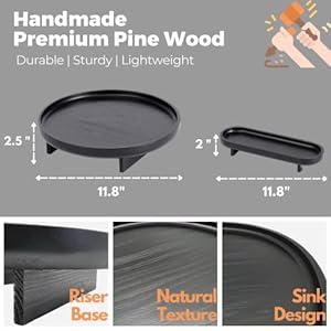 Black Decorative Trays 2 Pcs Black Trays for Coffee Table Black Round Wood Tray Black Tray for Bathroom Black Vanity Tray Wood Riser for Kitchen Black Coffee Table Tray Decor 12 Inches