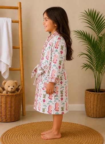 Image of Hand Block Print Waffle Cotton Fabric Kid's Bathrobes loungewear lightweight Traditional Handblock Printed Bathrobe For Boy & Girls (Suitable for kids aged 9 to 12 years old)