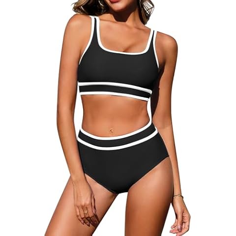 FemiChic Women's Bikini Sets Sporty Top e High Waisted Bikini Bottoms Color Block Ladies Swimwear Two Piece Bathing Suits Swimming Costume Swimsuits Cover