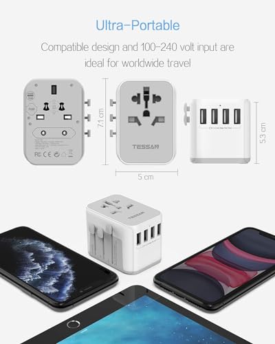 Foto von TESSAN Reiseadapter Weltweit, Universal Steckdosenadapter mit 4USB und 1AC Steckdose, Reisestecker für Deutschland USA England Thailand Italien Australien Internationaler Stromadapter