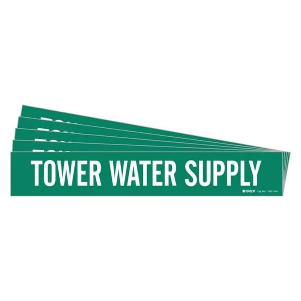 Brady 7287-1HV-PK, Tower Water Supply Pipe Marker HV White on Green 1 per Card, 5 PK, Legend 'Tower Water Supply'