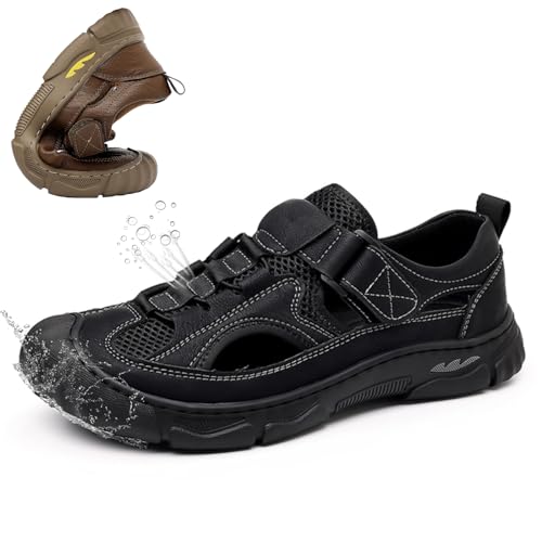 Men’s Leather Hollow Hiking Sandals Adjustable Breathable Water Beach Sport Mens Sandals Casual Travel Outdoor Athletic Walking Shoes