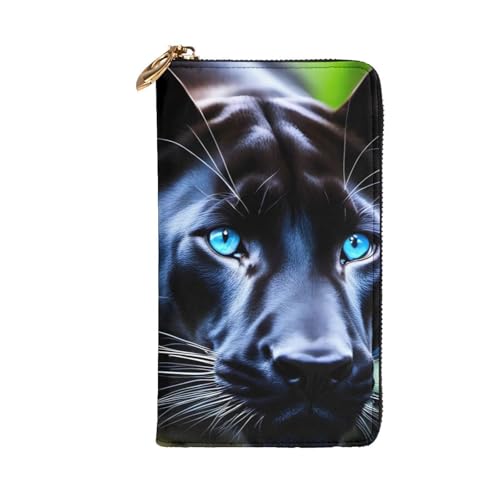 Panther with Blue Eyes Picture Leather Long Clutch Wallet for Fashionable Girls and Women - Durable, Stylish, and Functional, Black, One Size2