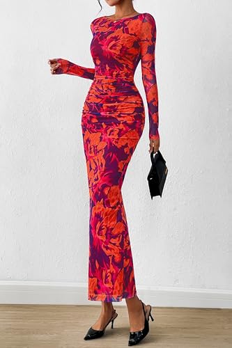 Image of PRETTYGARDEN Women's Long Sleeve Bodycon Dresses 2026 Spring Sexy Floral Mesh Slit Ruched Tight Maxi Wedding Guest Dress