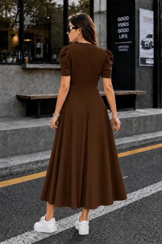 Image of Preneum Girl's & Women's Solid Color V-Neck A-Line Maxi Dress for Women | New Year Party Outfit | Waist Cinched Puff Sleeve Western | Elegant Casual Wear (Availble in Plus Size)