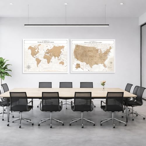 Image of IPIC - Vintage World Map & USA Map Canvas Wall Art Set of 2, Travel Wall Decor with Pins Included, Ready to Hang for Office or Living Room, 40x30 Inch