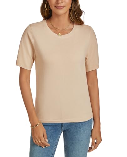 Image of Womens Short Sleeve Sweaters Tops Crew Neck Pullover Shirt Lightweight Knit Sweater Blouse