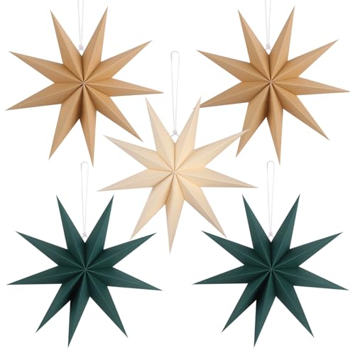 Image of 12 Inches 5 PCS Brown Green Beige Paper Star Lanterns Christmas Party Decorations Hanging Stars Christmas Party Decorations Wedding Birthday Christmas Home Party Decorations(9 Pointed)