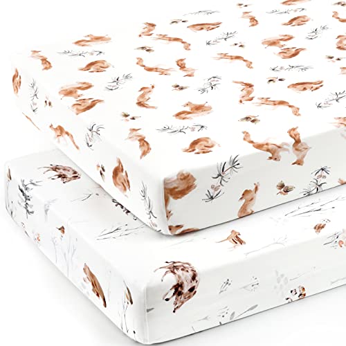 Stretch Ultra Soft Jersey Knit Fitted Crib Sheets Set 2 Pack，Fit All Standard Crib Mattress Pads Safe And Snug, Crib Fitted Sheet For Baby, Cute Jungle Squirrels And Animals #TOP1
