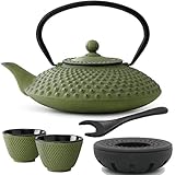 Teekanne asiatisch Gusseisen Set 1.25 Liter - grüne Gusskanne & Edelstahl Tee-Filter-Sieb-Einsatz für losen Tee & 2 Teebecher (Tassen) gusseisernen Stövchen & Deckelheber