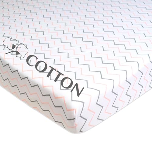 Image of American Baby Company 100% Natural Cotton Fitted Pack and Play Sheet 39 inch x 27 inch - Soft & Breathable Pack N Play Sheet for Playpen, Playard & Mini Crib Mattress, Pink Wave, for Boys & Girls