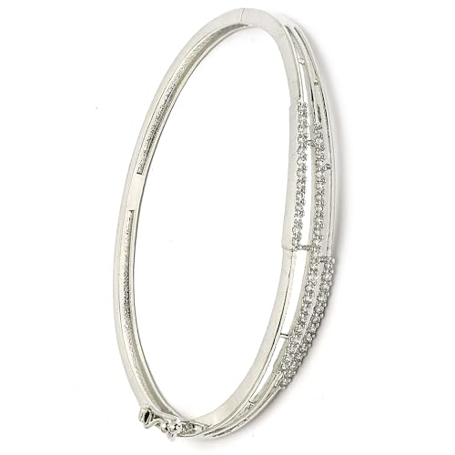 Image of ZENEME Rhodium Plated Silver Toned American Diamond Studded Grace Line Kada Bracelet For Women
